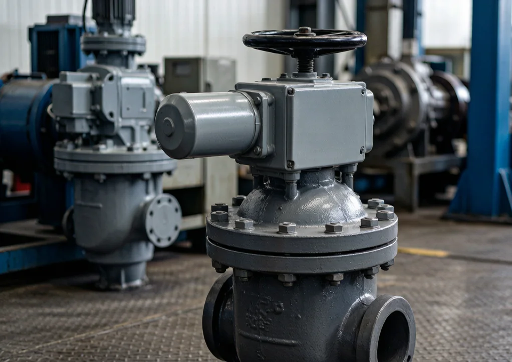 Close-up of a grey gearbox actuator and handwheel mounted on a large cast steel gear operated globe valve in an industrial workshop